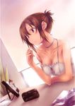  absurdres bare_shoulders brown_eyes brown_hair camera cat collarbone copyright_request face hands highres hologram jpeg_artifacts nanakusa scan solo strap_slip through_screen 