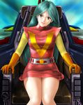  70s belt choudenji_robo_combattler_v cockpit dress gloves green_hair head_tilt lips long_hair nanbara_chizuru oldschool science_fiction sitting smile solo toten_(der_fuhrer) uniform very_long_hair yellow_eyes 