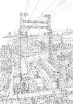  city cityscape greyscale highres k_kanehira lineart monochrome no_humans original road scenery science_fiction street train_station vanishing_point 