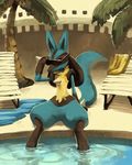  chair full_body gen_4_pokemon glitchedpuppet holding holding_eyewear lounge_chair lucario no_humans palm_tree pokemon pokemon_(creature) pool poolside red_eyes sitting soaking_feet solo sunglasses tree water 