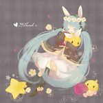  animal_ears aqua_hair bird bunny_ears chick closed_eyes flower hair_flower hair_ornament hatsune_miku kagamine_rin kneehighs long_hair mero_(jiantumelody) mikupa multiple_girls skirt smile soratobazu_(vocaloid) twintails very_long_hair vocaloid 