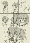  bad_id bad_pixiv_id banned_artist blush bow comic gonzaburou hair_ornament hair_ribbon hairclip kaname_madoka kiss mahou_shoujo_madoka_magica miki_sayaka monochrome multiple_girls ribbon school_uniform silent_comic tug twintails yuri 