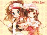  amamiya_kabosu bad_id bad_pixiv_id baseball_cap black_hair blue_eyes brown_hair cake coat food hair_ornament hairclip hat hikari_(pokemon) multiple_girls pokemon pokemon_(game) pokemon_bw pokemon_dppt pokemon_platinum ponytail red_eyes scarf touko_(pokemon) vest winter_clothes 