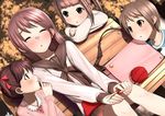  bag bench blush brown_hair cherry_blossoms closed_eyes dutch_angle finger_to_mouth kinugasa_yuuichi knitting multiple_girls original school_uniform serafuku sitting yarn yarn_ball 