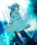  backpack bag blue_eyes blue_hair bubble hair_bobbles hair_ornament hat kawashiro_nitori key natsume_(menthol) open_mouth short_hair solo touhou two_side_up underwater 