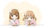  brown_eyes child eating food food_on_face fork kindergarten multiple_girls namori original short_hair short_twintails thumb_sucking twintails 