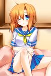  bad_id bad_pixiv_id blue_eyes blush highres higurashi_no_naku_koro_ni indoors one_eye_closed open_mouth orange_hair pillow pleated_skirt ryuuguu_rena school_uniform serafuku shino_(sosuketo) short_hair sitting skirt solo 