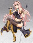  aqua_eyes bare_shoulders black_legwear boots breasts knee_boots long_hair macha medium_breasts megurine_luka microphone microphone_stand navel pink_hair sitting solo tattoo thighhighs vocaloid 