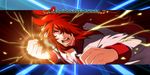  ahoge angry energy heartcatch_precure! jacket kumojacky kuren lightning long_hair male_focus messy_hair open_mouth parody precure punching red_eyes red_hair sidelocks solo tales_of_(series) translated 