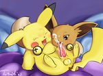  2008 balls bell brown brown_eyes chest_tuft collar cum cumshot eevee eyes_closed facial fang fellatio female male one_eye_closed oral oral_sex orgasm penis pikachu pok&eacute;mon sex straight tail tom_smith yellow 
