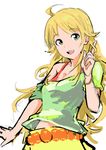  belt blonde_hair casual green_eyes hoshii_miki idolmaster idolmaster_(classic) index_finger_raised issei long_hair solo 