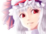  anti-earth_bomb face grin hat portrait red_eyes remilia_scarlet silver_hair smile solo touhou 