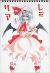  bad_id bad_pixiv_id bat_wings blue_hair character_name fang frills hat pose red_eyes remilia_scarlet solo touhou traditional_media uousa-ou wings 