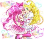  amaame beamed_eighth_notes beamed_sixteenth_notes blonde_hair bow character_name choker copyright_name cure_melody cure_rhythm eighth_note eyelashes green_eyes hair_ribbon heart houjou_hibiki long_hair magical_girl minamino_kanade multiple_girls musical_note pink_bow pink_hair precure quarter_note ribbon sixteenth_note suite_precure thighhighs twintails white_choker yuri 