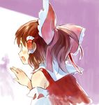  bow brown_hair detached_sleeves dress hair_bow hakurei_reimu ogawa_maiko open_mouth red_dress solo touhou upper_body 