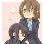  black_hair blazer blush brown_eyes brown_hair drooling hair_ornament hairclip hamioura hirasawa_yui jacket k-on! long_hair multiple_girls nakano_azusa school_uniform short_hair sleeping 