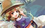  frog midriff moriya_suwako navel open_mouth shime_mura smile solo touhou waving 