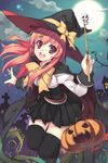  :d black_legwear cape cloud dress grave halloween hat jack-o'-lantern long_hair lowres moon night nytitch open_mouth pink_hair pumpkin red_eyes red_hair shuen sky smile solo sword_girls thighhighs witch witch_hat zettai_ryouiki 