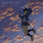  2011 akiyama_mio animal_ears black_legwear bunny_ears bunny_tail cloud crescent_moon hood jumping k-on! kneehighs long_hair moon new_year no_thank_you! plaid plaid_skirt riai_(onsen) skirt sky solo tail twilight 