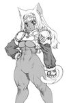  abs animal_ears bottomless breasts copyright_request dark_skin greyscale highres kei_(bekei) large_breasts long_hair monochrome muscle muscular_female solo tail underboob 