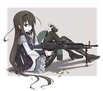  akemi_homura black_eyes black_hair explosive fn_minimi full_body grenade gun hairband high_heels long_hair machine_gun magical_girl mahou_shoujo_madoka_magica mochiki mouth_hold pantyhose shell_casing shoes simple_background sitting solo very_long_hair weapon 