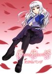  adjusting_hair bangs blunt_bangs cover cover_page cross crossed_legs hairband idolmaster idolmaster_(classic) jewelry light_smile long_hair mary_janes pantyhose pendant petals red_eyes shijou_takane shoes sitting solo white_hair zanzi 