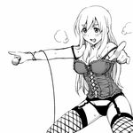  ass_visible_through_thighs blush breasts breath cherie_currie cleavage corset cosplay eyebrows face fishnets garter_belt greyscale k-on! kotobuki_tsumugi large_breasts lingerie long_hair matsui_celine microphone monochrome open_mouth outstretched_arms panties pointing runaways simple_background smile solo standing strap_slip sweat thick_eyebrows thighhighs underwear underwear_only white_background 