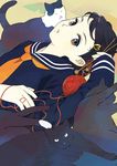  animal black_eyes black_hair cat hair_ornament hairclip knitting_needle lying morikura_en needle on_back orange_neckwear original school_uniform serafuku solo yarn yarn_ball 