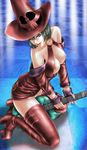  bare_shoulders boots breasts brown_hair fingerless_gloves gloves green_eyes guilty_gear guitar hat i-no instrument large_breasts leather mole mole_above_mouth red_hat short_hair solo thigh_boots thighhighs toten_(der_fuhrer) witch_hat 