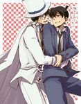  bad_id bad_pixiv_id blue_eyes brown_hair cape formal gloves hat hug hug_from_behind kaitou_kid kudou_shin'ichi kuroba_kaito looking_back male_focus meitantei_conan monocle multiple_boys necktie school_uniform smile square suit sweat teitan_high_school_uniform top_hat translation_request yaoi ydk007 