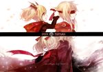  1girl back-to-back bad_id bad_pixiv_id blindfold blonde_hair closed_eyes coat dress hair_ribbon horns pixiv_fantasia pixiv_fantasia_5 red_blindfold red_coat red_dress red_eyes ribbon shell_(shell518) smile twintails 