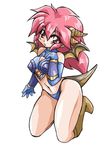  90s ahoge bad_id bad_pixiv_id bat_wings boots breasts dragon_girl dragon_half dragon_horns dragon_tail dragon_wings full_body gloves halter_top halterneck horns knee_boots kneeling long_hair looking_at_viewer medium_breasts midriff mink_(dragon_half) navel okuri_ookami red_eyes red_hair simple_background solo tail underboob white_background wings 