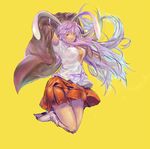  animal_ears breasts bunny_ears jumping large_breasts long_hair multicolored_hair necktie orange_eyes purple_hair reisen_udongein_inaba shirt simple_background sketch solo touhou unco_(pixiv457393) white_shirt 