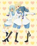  3boys afuro_terumi arm_grab blonde_hair blue_hair brown_eyes dark_skin eyepatch frown hair_over_one_eye highres inazuma_eleven inazuma_eleven_(series) kazemaru_ichirouta long_hair male male_focus multiple_boys ponytail red_eyes sailor sailor_suit sakuma_jirou shorts smile sweat trap white_hair 