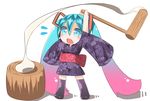  bad_id bad_pixiv_id chibi colorized food gradient_hair hatsune_miku highres japanese_clothes kine long_hair mallet mochi mochitsuki multicolored_hair pokachu solo twintails very_long_hair vocaloid wagashi 