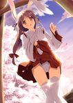  adapted_uniform animal_ears blush bow breasts brown_eyes brown_hair bunny_ears cherry_blossoms hair_bow hair_ribbon highres japanese_clothes long_hair medium_breasts miko mycstea open_mouth original panties pantyshot ribbon sky solo thighhighs underwear 