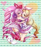  :d blonde_hair blue_eyes blush boots bow braid brooch cat choker cure_melody cure_rhythm ele frills full_body green_eyes hair_ribbon happy heart highres houjou_hibiki hug hummy_(suite_precure) jewelry knee_boots long_hair magical_girl mascot midriff minamino_kanade multiple_girls one_eye_closed open_mouth panties pink_bow pink_hair pink_legwear precure ribbon shoes skirt smile striped striped_panties suite_precure thighhighs tongue twintails underwear white_choker wrist_cuffs 