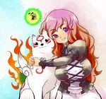  amaterasu antennae crossover dress fire gradient_hair hijiri_byakuren issun long_hair multicolored_hair ookami_(game) purple_eyes touhou tsuutenkaaku 