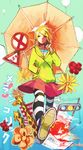  blonde_hair bottle flower giraffe hair_ornament hair_ribbon hairclip hood hoodie kagamine_rin melancholic_(vocaloid) ribbon short_hair skirt solo striped striped_legwear thighhighs umbrella vocaloid 