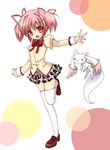  bad_id bad_pixiv_id blush bow hair_ribbon highres kaname_madoka kyubey mahou_shoujo_madoka_magica mitakihara_school_uniform open_mouth oumi_neneha pink_eyes pink_hair ribbon school_uniform short_hair short_twintails skirt smile thighhighs twintails white_legwear 