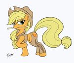  applejack_(mlp) assless_chaps blonde_hair equine female feral fluffy_tail freckles friendship_is_magic hair hat horse invalid_tag looking_at_viewer mammal my_little_pony orange_body plain_background pony pose sam_(artist) simone-sam solo unknown_artist white_background 