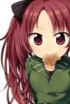  bad_id bad_pixiv_id close-up face fang food ika long_hair looking_at_viewer mahou_shoujo_madoka_magica mouth_hold ponytail red_eyes red_hair sakura_kyouko solo taiyaki tsurime upper_body wagashi 