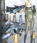  aircraft airplane blonde_hair blue_eyes bodysuit braid coh copyright_request gloves military pilot_suit russia solo yak-141 