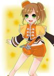  :d brown_hair green_eyes happy hat midriff navel open_mouth orange_shorts sangoku_musou shawl shi-bamaru short_hair shorts side_ponytail smile solo xiao_qiao 