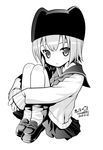  greyscale hat kiira leg_hug monochrome original school_uniform serafuku short_hair sitting solo 