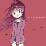  c_(neta) long_hair mahou_shoujo_madoka_magica ponytail red red_background red_eyes red_hair sakura_kyouko short_shorts shorts smile solo translated 