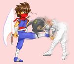  2boys bad_anatomy brown_hair chibi grey_eyes kicking ludwig motion_blur multiple_boys ninja parody plasma_sword science_fiction strider_(video_game) strider_hien strider_hiryuu tonfa weapon 