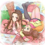  bag brown_eyes brown_hair bunny cake cup dolphin food frog green_eyes hood hoodie idolmaster idolmaster_(classic) idolmaster_2 lying magazine minase_iori multiple_girls on_stomach pobii stuffed_animal stuffed_bunny stuffed_dolphin stuffed_frog stuffed_toy takatsuki_yayoi tea teacup teddy_bear thighhighs twintails 