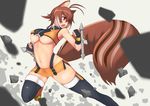  animal_ears antenna_hair black_legwear blazblue breasts brown_hair fighting_stance makoto_nanaya medium_breasts midriff miniskirt navel open_mouth orange_skirt red_eyes revealing_clothes shiro-inu short_hair skirt solo squirrel_ears squirrel_tail tail thighhighs tonfa underboob weapon zettai_ryouiki 