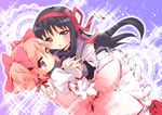  akemi_homura black_hair blush gloves holding_hands kaname_madoka konokono long_hair magical_girl mahou_shoujo_madoka_magica multiple_girls pink_eyes pink_hair purple_eyes ribbon short_hair smile sparkle tears twintails white_gloves 